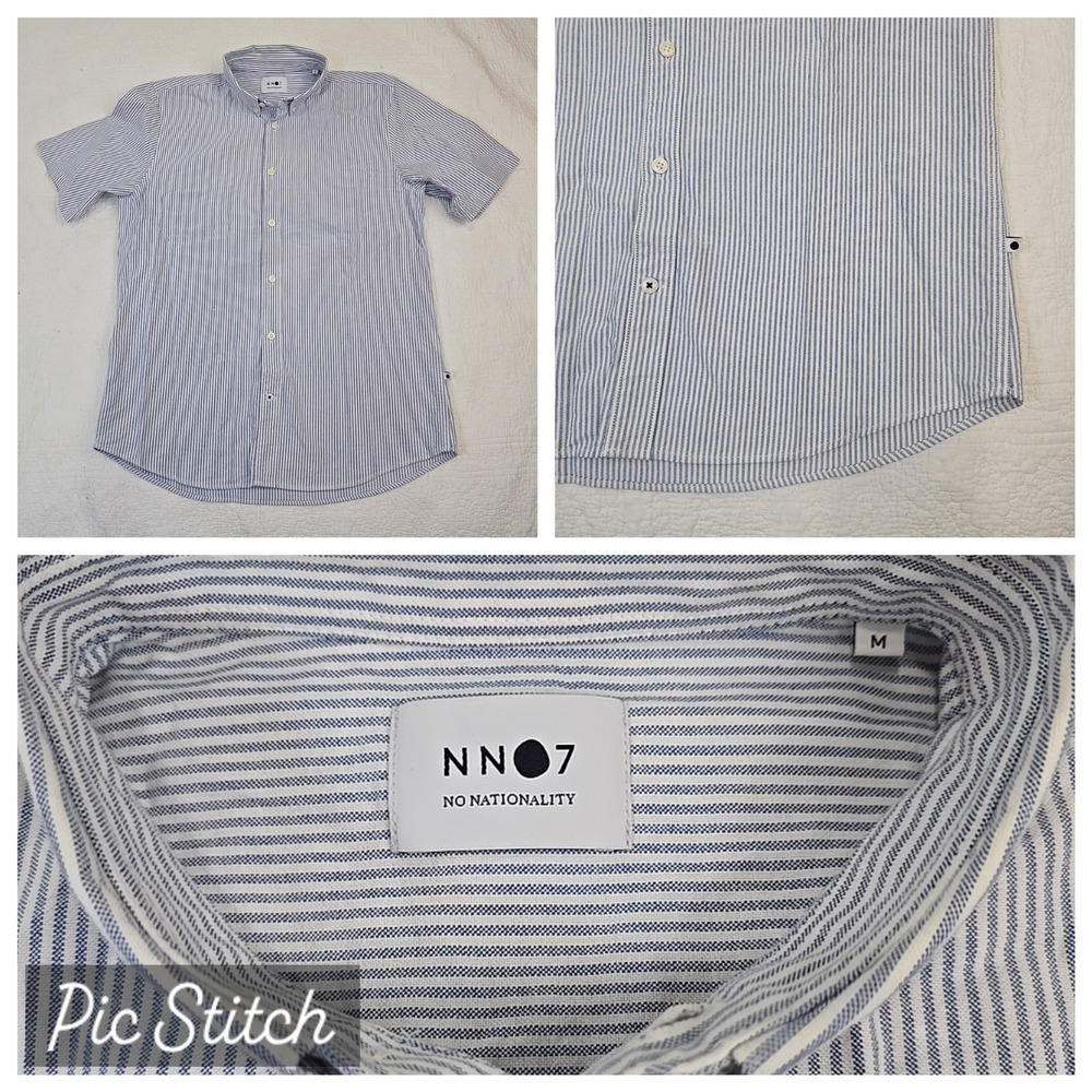 NN07 No Nationality Shirt Mens‎ Blue Size Medium Stripe 100% Cotton Short Sleeve